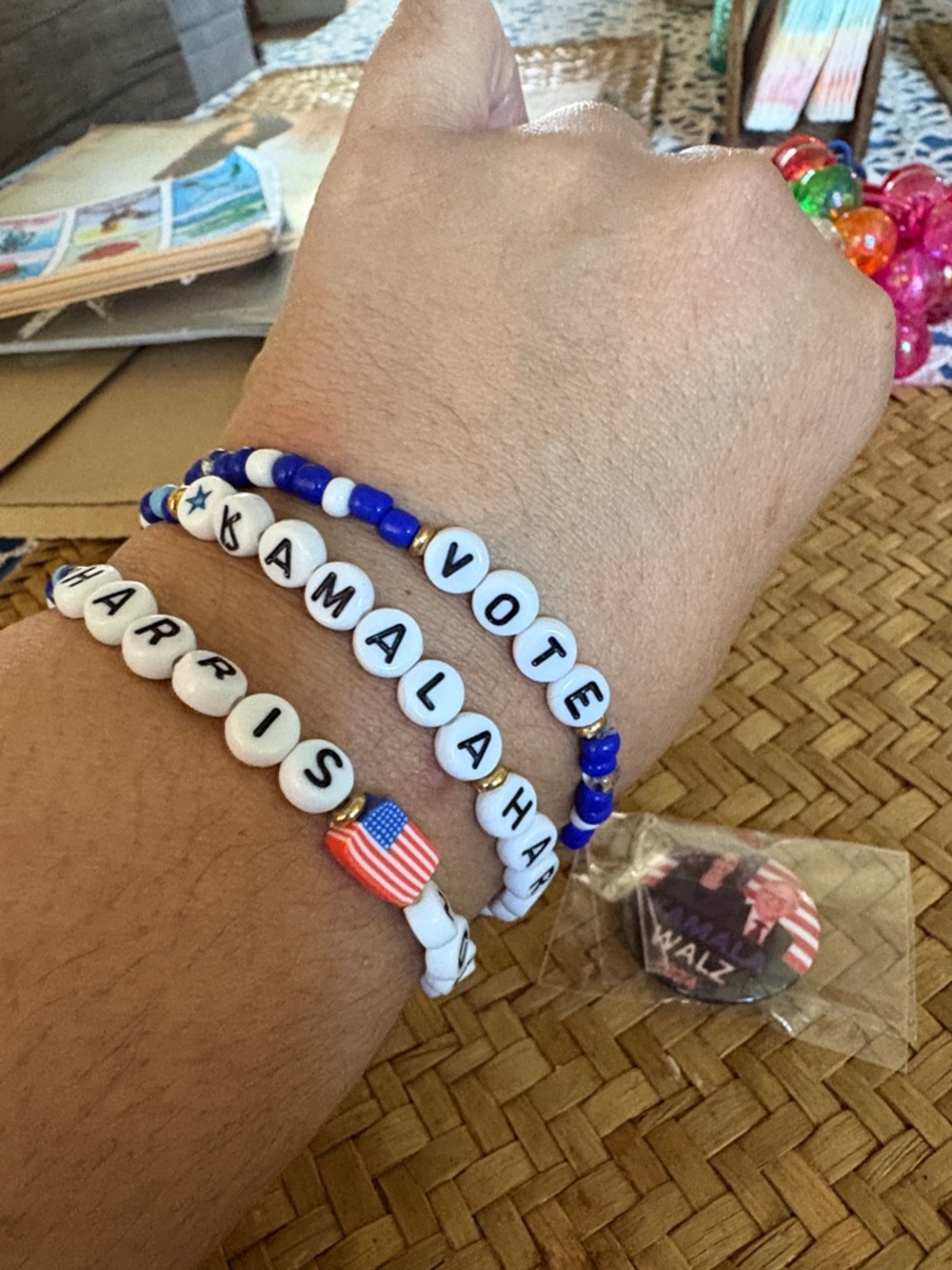 Blue and White Beaded Name Bracelet set and Kamala Harris 2024 campaign button